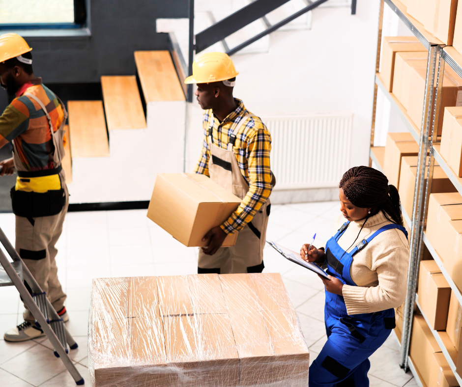 Photo of workers in a parcels warehouse